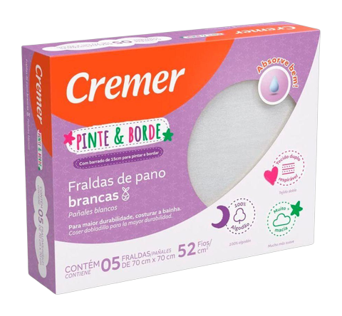 Fralda de Pano Luxo Branca Pinte e Borde Cremer com 5 Unidades