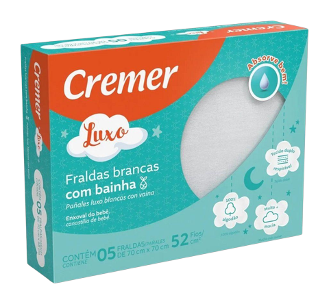 Fralda de Pano Luxo Branca com Bainha Cremer com 5 unidades