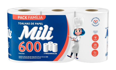 Toalha de Papel Mili Pacote C/3 Rolos C/200 Folhas Cada