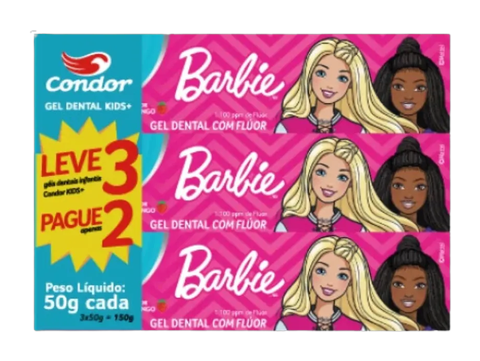 Kit Creme Dental Infantil Condor Barbie Morango 50g C/ 3 Unidades