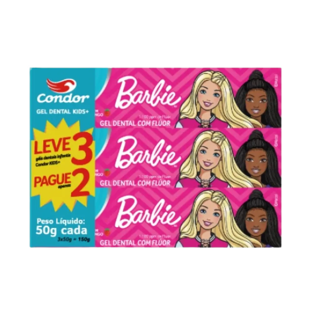 Kit Creme Dental Infantil Condor Barbie Morango 50g C/ 3 Unidades
