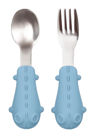 Kit Talheres Infantil Aço e Cabo em Silicone Buba Azul +6 Meses