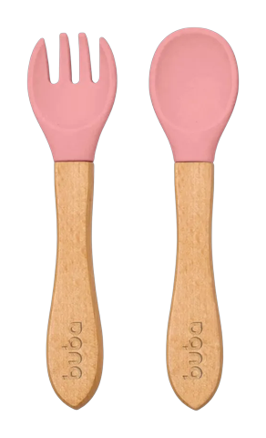 Kit Talheres em Silicone e Bambu Buba Rosa +6 Meses
