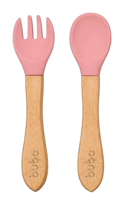 Kit Talheres em Silicone e Bambu Buba Rosa +6 Meses