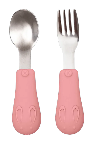 Kit Talheres Infantil Aço e Cabo em Silicone Buba Rosa +6 Meses