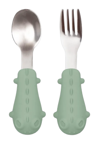 Kit Talheres Infantil Aço e Cabo em Silicone Buba Verde +6 Meses