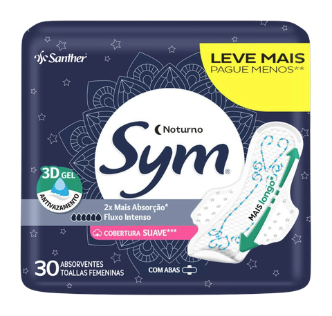 Absorvente Sym Noturno Suave C/Abas Pacote C/30 Und