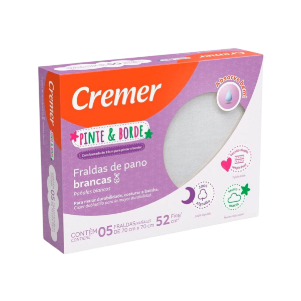Fralda de Pano Luxo Branca Pinte e Borde Cremer com 5 Unidades