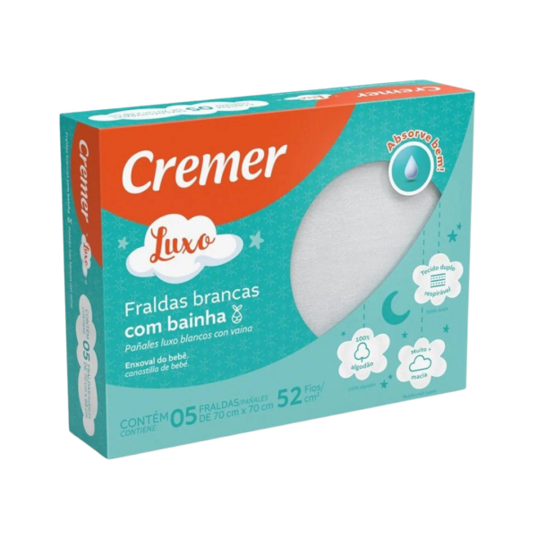 Fralda de Pano Luxo Branca com Bainha  Cremer com 5 unidades