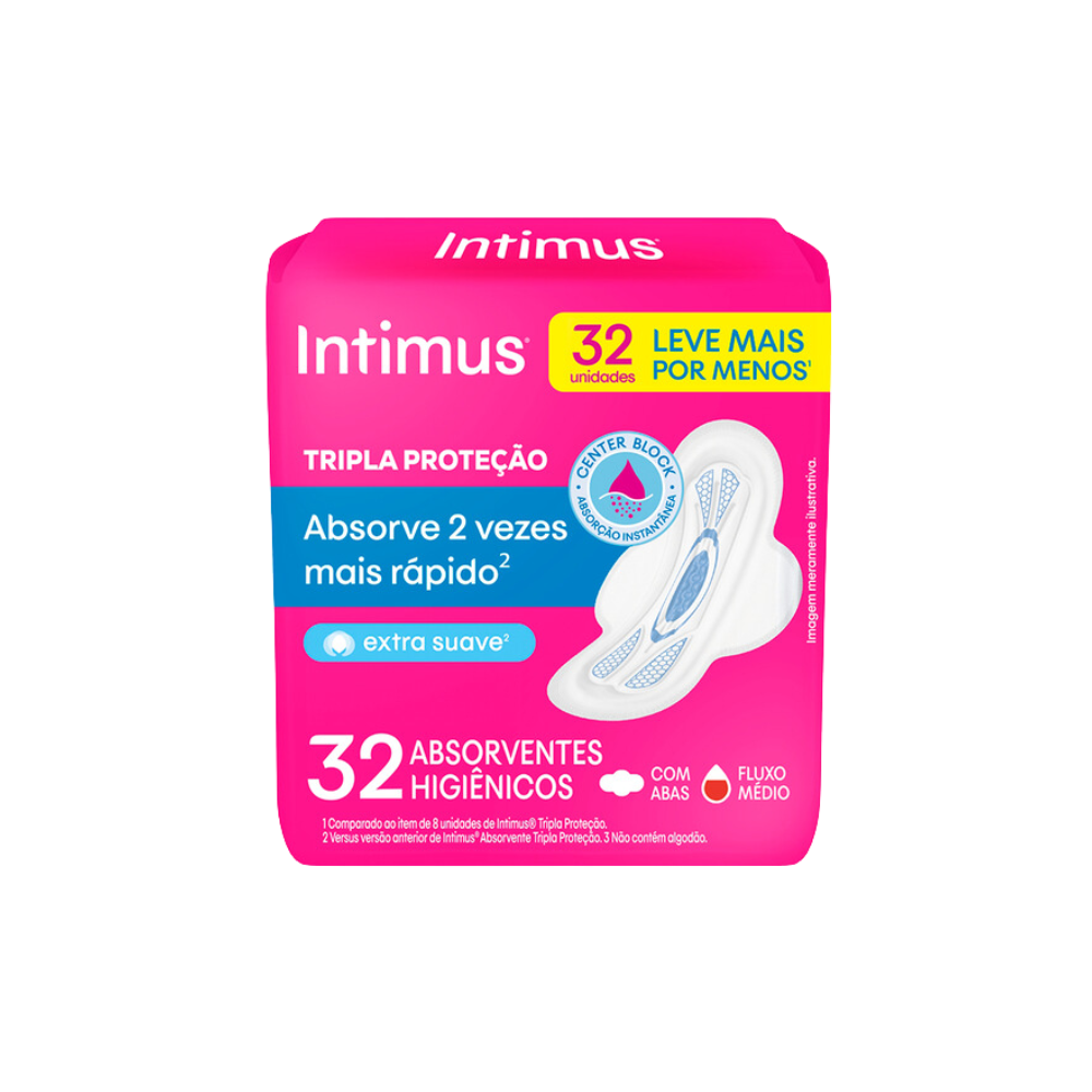 Design sem nome (30) Absorvente Intimus Tripla Proteção Suave C/Abas Pacote C/32 Unidades - Imagem 1