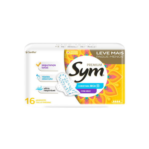 Absorvente Sym Premium Seca C/Abas Pacote C/16 Unidades