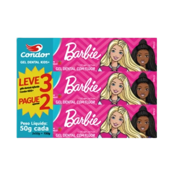 Kit Creme Dental Infantil Condor Barbie Morango 50g C/ 3 Unidades