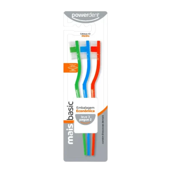 Kit Escova de Dental Powerdent Mais Basic C/ 3 Unidades