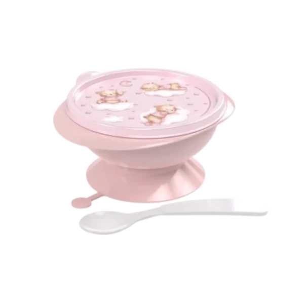 Tigela Bowl Infantil com Ventosa e Colher Plasútil Urso Rosa 240ml