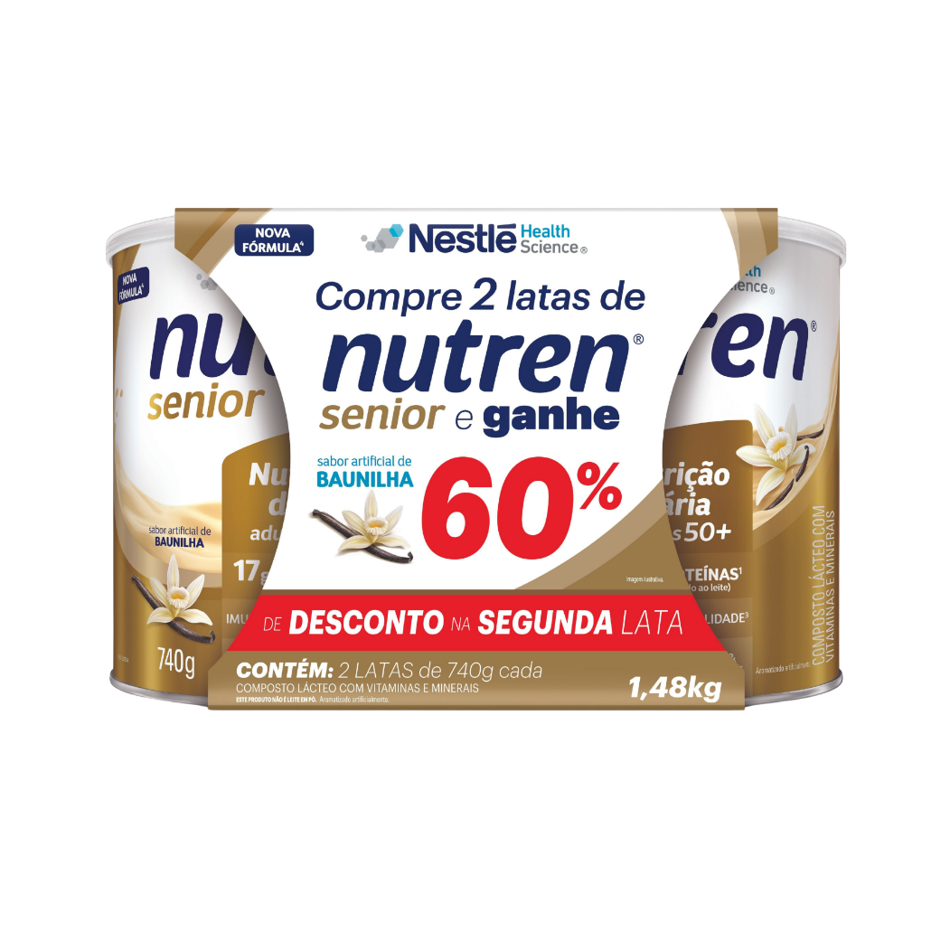 nutren pack baunilha Suplemento Nestlé Nutren Senior Baunilha Pack C/2 Latas de 740gr - Imagem 1